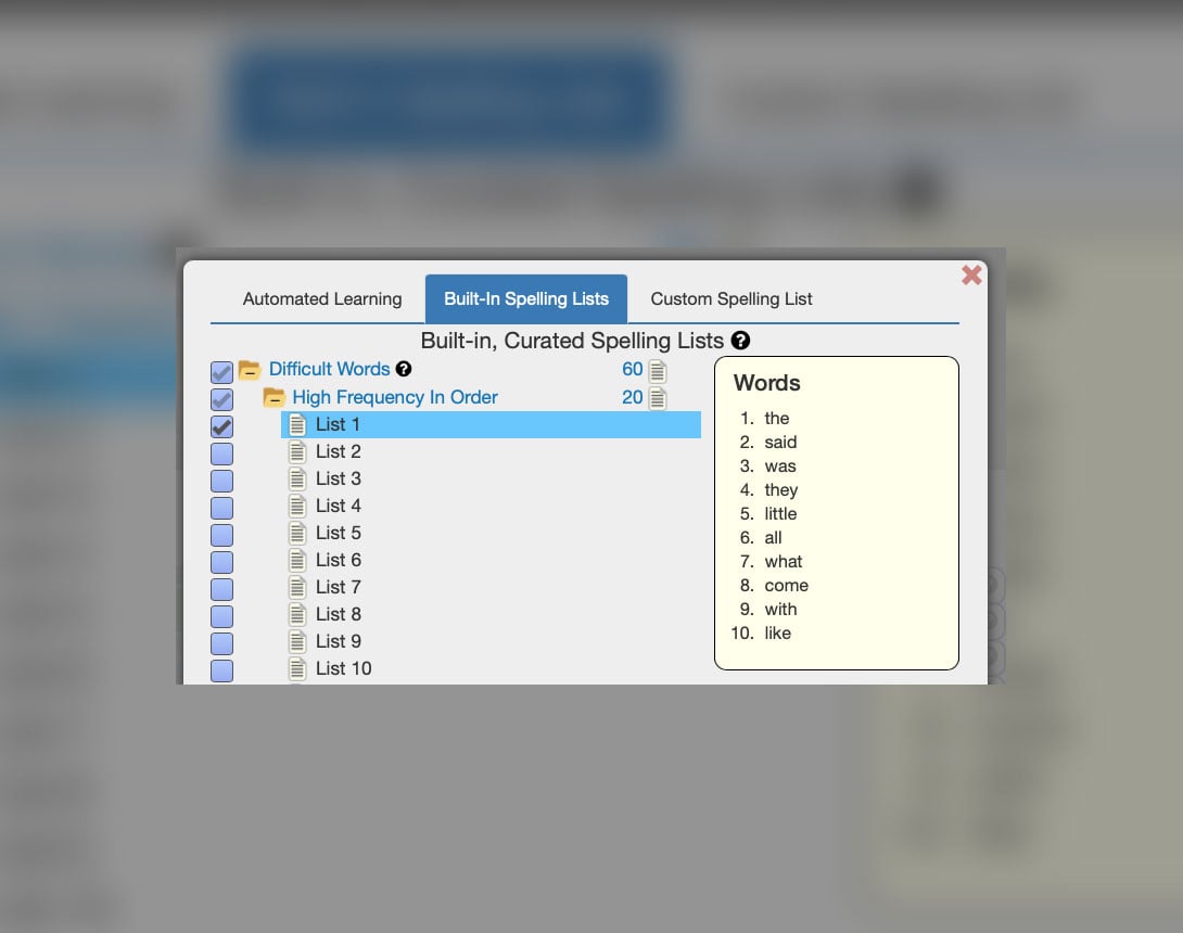 2. Expand a Spelling Lists by clicking the "+" button